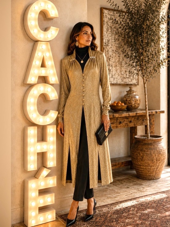 Cache Tops - Cache VTG Gold Shimmer Button Front Duster Jacket Leopard Party Layer Size 10